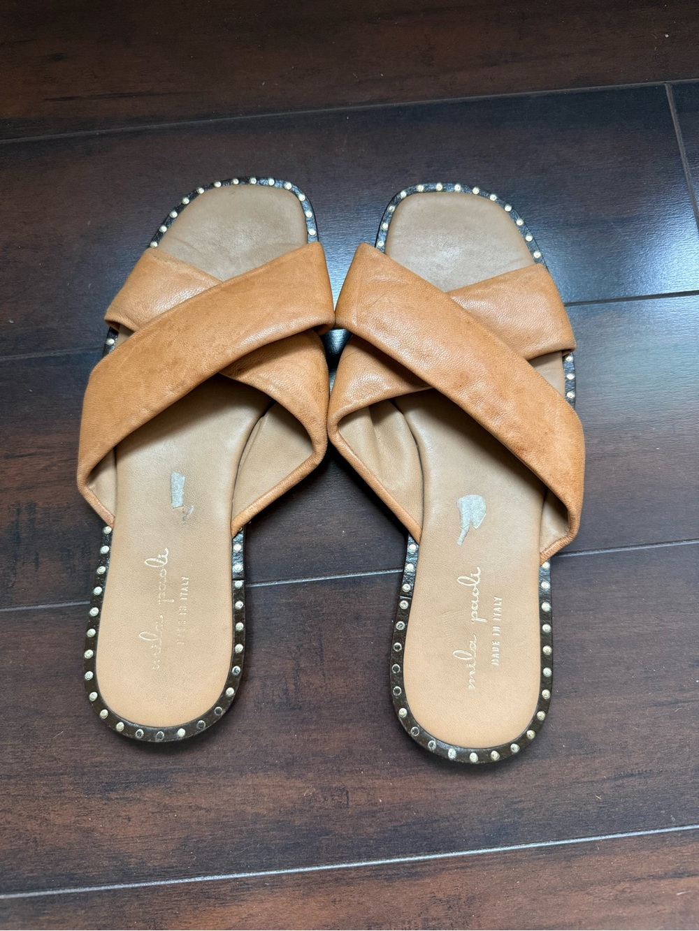 Mila Paoli Tan Crisscross Studded Slide Sandals